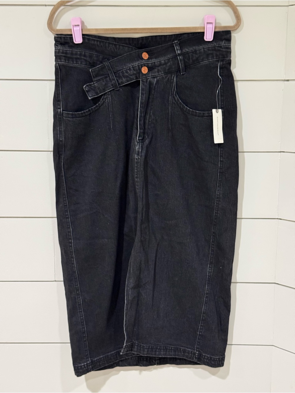 NEW Anthropologie Arden Double-Waist Black Denim Midi Skirt by Pilcro Size 14 - Picture 5 of 13